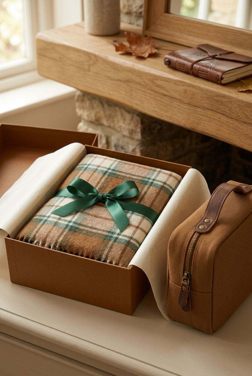 ๐ Premium Travel Blanket | Caramel, Cream & Forest Green Plaid with Soft Woven Texture, Fringe & Matching Carry Bag ๐