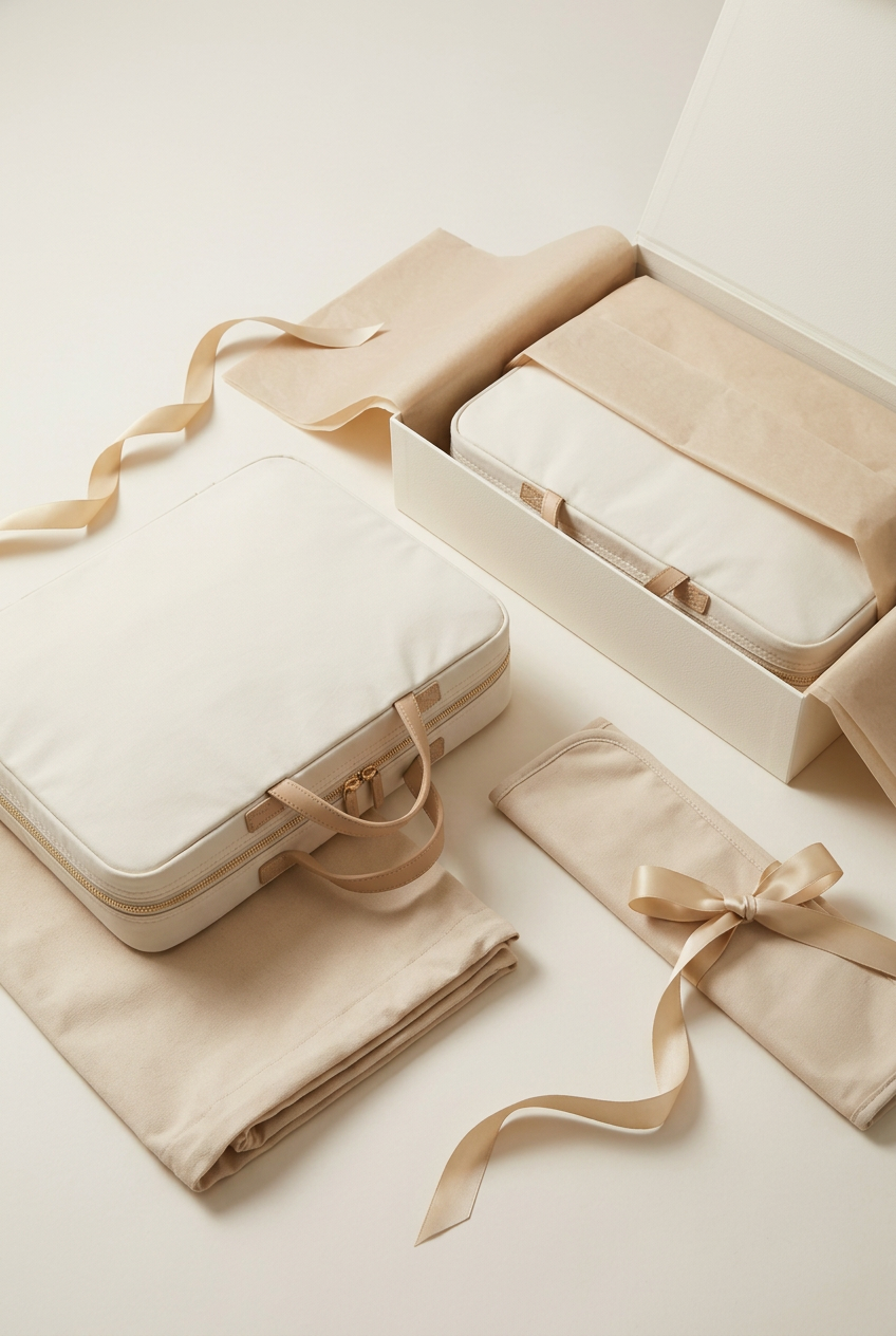 🧺 Foldable Garment Bag | Cream Ivory Travel Organizer with Clothing Straps, Mesh Storage & Champagne-Gold Zip for Refined Weekend Packing 🗺️