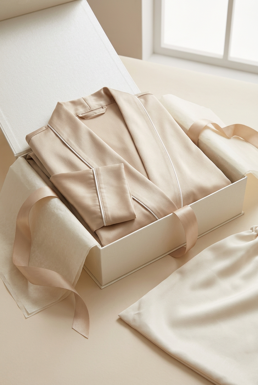 โจ Premium Lounge Robe | Champagne Satin Longline Wrap with Pearl-White Piping, Relaxed Sleeves & Everyday Elegance ๐