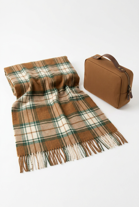 🚂 Premium Travel Blanket | Caramel, Cream & Forest Green Plaid with Soft Woven Texture, Fringe & Matching Carry Bag 🍁