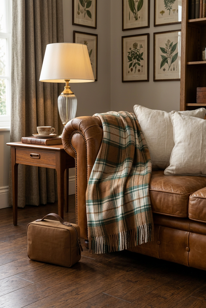 🚂 Premium Travel Blanket | Caramel, Cream & Forest Green Plaid with Soft Woven Texture, Fringe & Matching Carry Bag 🍁