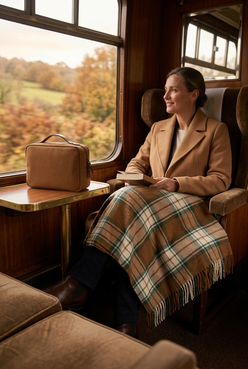 🚂 Premium Travel Blanket | Caramel, Cream & Forest Green Plaid with Soft Woven Texture, Fringe & Matching Carry Bag 🍁