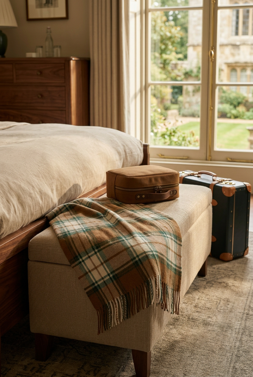 🚂 Premium Travel Blanket | Caramel, Cream & Forest Green Plaid with Soft Woven Texture, Fringe & Matching Carry Bag 🍁