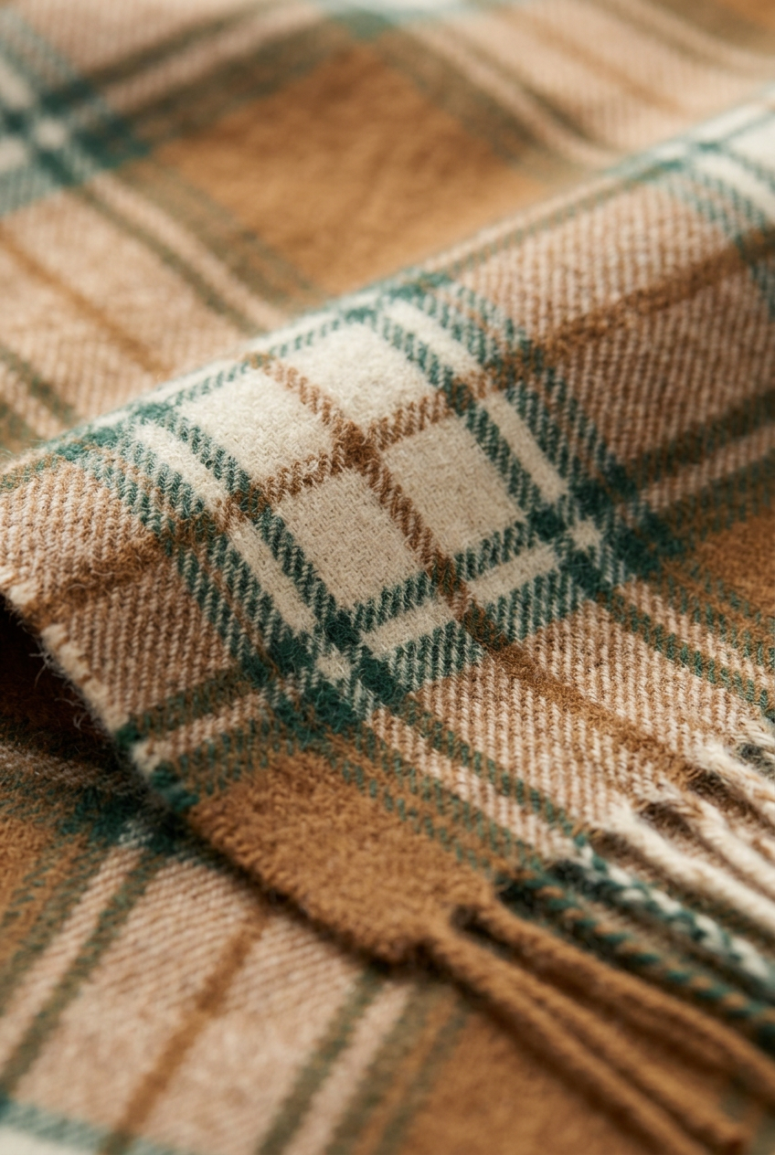 🚂 Premium Travel Blanket | Caramel, Cream & Forest Green Plaid with Soft Woven Texture, Fringe & Matching Carry Bag 🍁