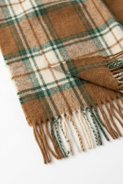 🚂 Premium Travel Blanket | Caramel, Cream & Forest Green Plaid with Soft Woven Texture, Fringe & Matching Carry Bag 🍁