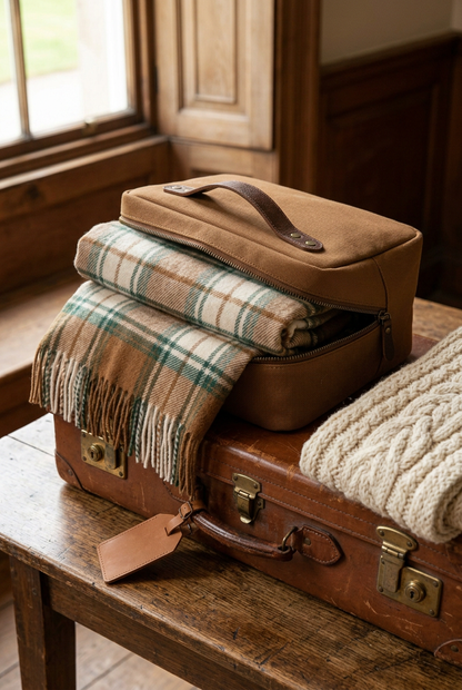 🚂 Premium Travel Blanket | Caramel, Cream & Forest Green Plaid with Soft Woven Texture, Fringe & Matching Carry Bag 🍁