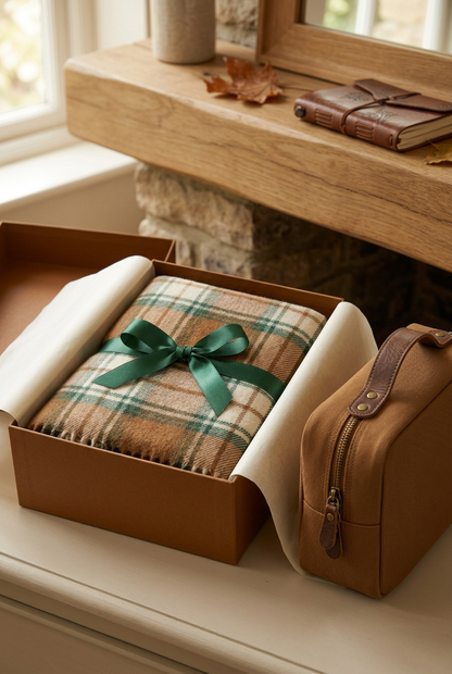 🚂 Premium Travel Blanket | Caramel, Cream & Forest Green Plaid with Soft Woven Texture, Fringe & Matching Carry Bag 🍁
