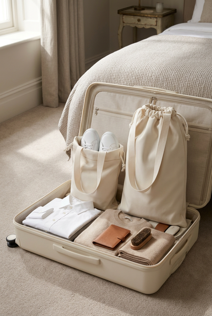 Travel Shoe Organizer Set 🧳 Ivory Drawstring Shoe Bags with Carry Straps | Two Sizes for Beautifully Ordered Getaways 🕊️