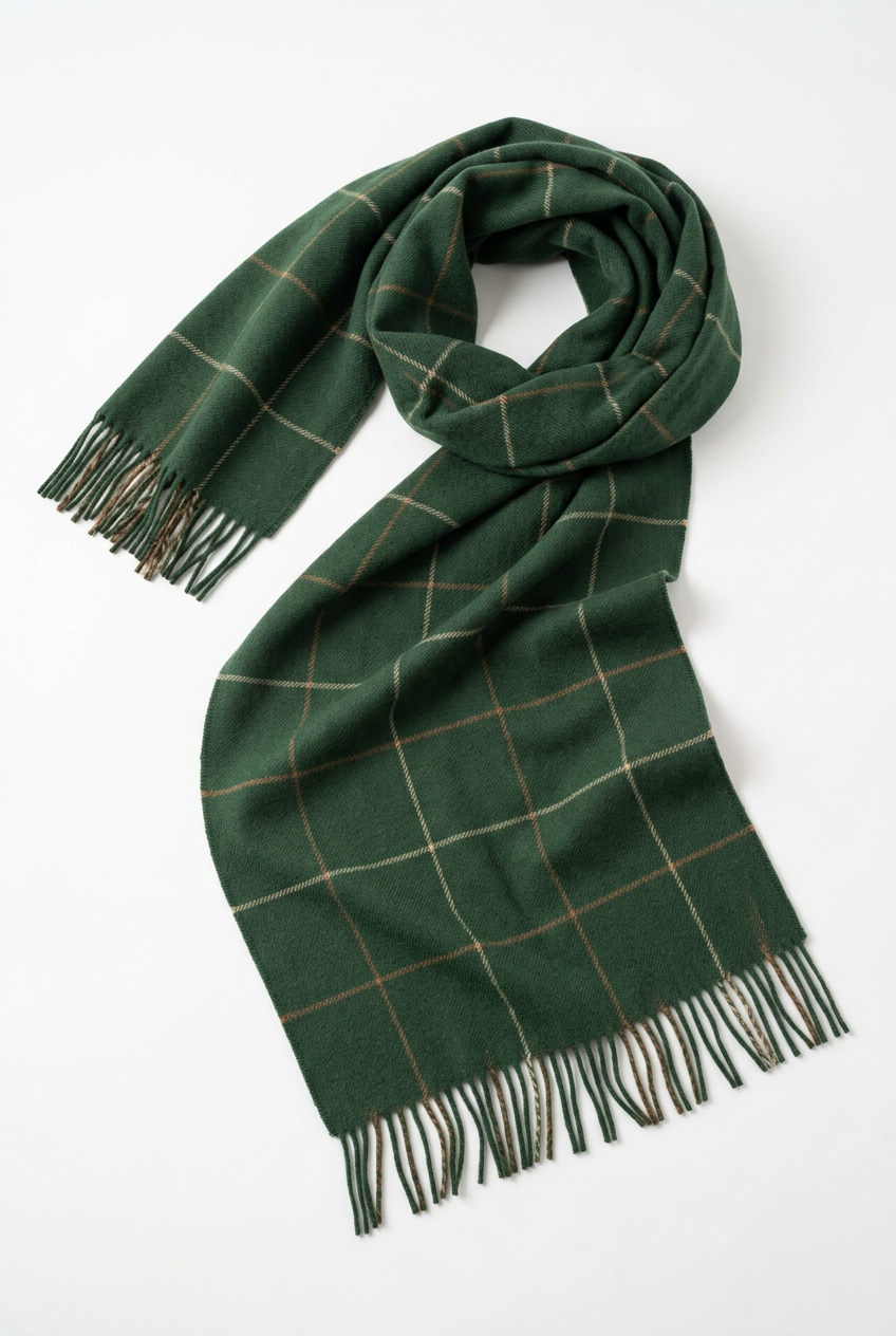 🌲 Forest Green Wool Blend Scarf | Caramel & Cream Windowpane Check, Soft Wide Wrap & Vintage Autumn-Winter Elegance 🍂