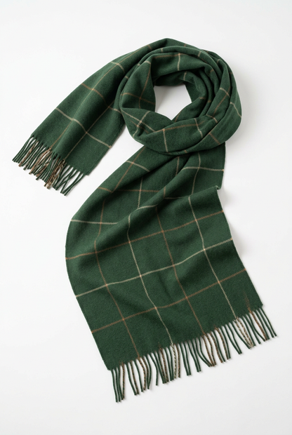 🌲 Forest Green Wool Blend Scarf | Caramel & Cream Windowpane Check, Soft Wide Wrap & Vintage Autumn-Winter Elegance 🍂