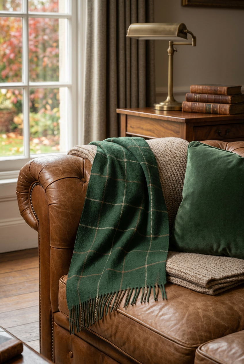 🌲 Forest Green Wool Blend Scarf | Caramel & Cream Windowpane Check, Soft Wide Wrap & Vintage Autumn-Winter Elegance 🍂
