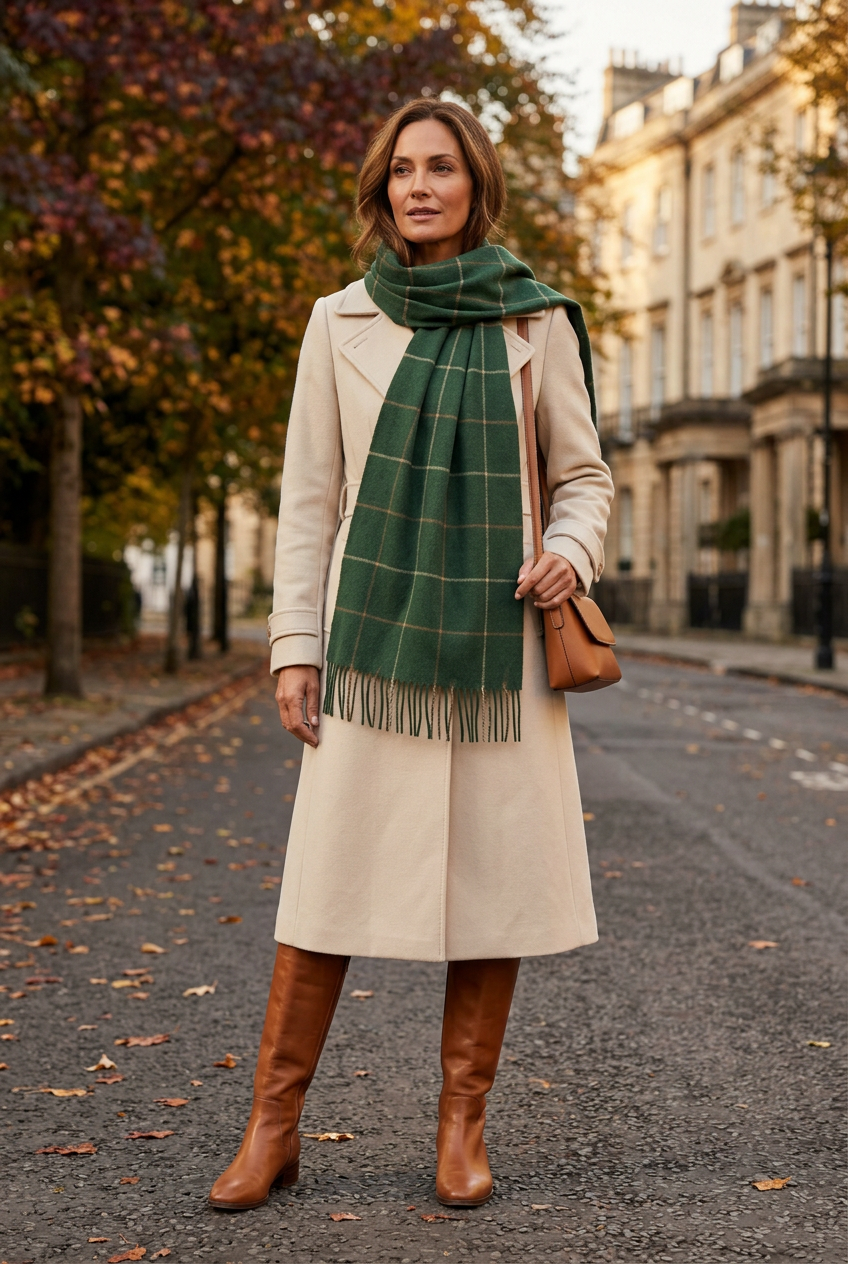 🌲 Forest Green Wool Blend Scarf | Caramel & Cream Windowpane Check, Soft Wide Wrap & Vintage Autumn-Winter Elegance 🍂