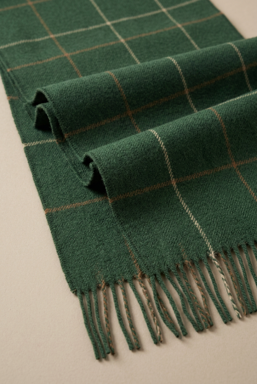 🌲 Forest Green Wool Blend Scarf | Caramel & Cream Windowpane Check, Soft Wide Wrap & Vintage Autumn-Winter Elegance 🍂