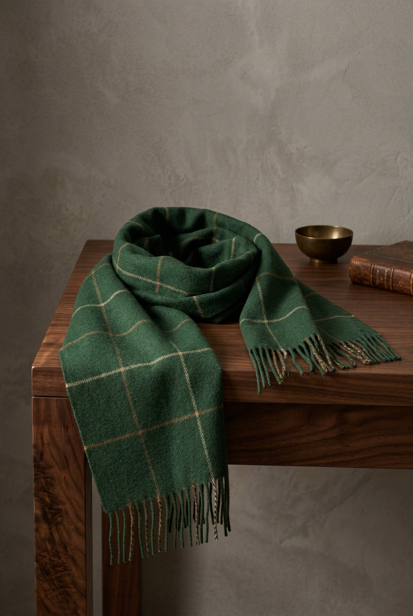 🌲 Forest Green Wool Blend Scarf | Caramel & Cream Windowpane Check, Soft Wide Wrap & Vintage Autumn-Winter Elegance 🍂