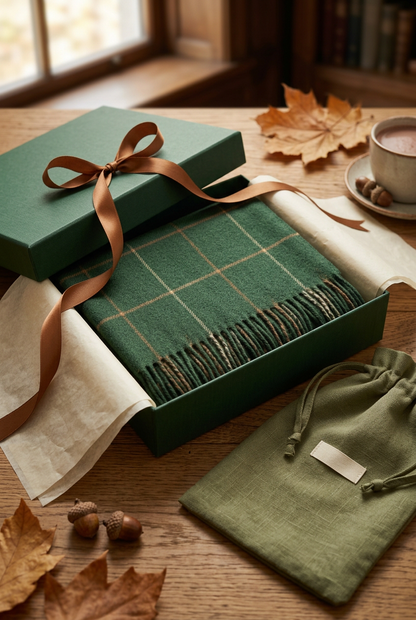 🌲 Forest Green Wool Blend Scarf | Caramel & Cream Windowpane Check, Soft Wide Wrap & Vintage Autumn-Winter Elegance 🍂