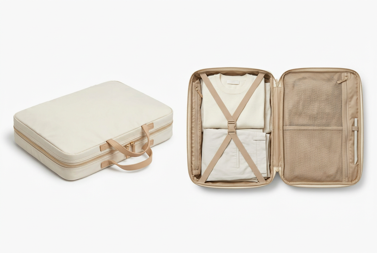🧺 Foldable Garment Bag | Cream Ivory Travel Organizer with Clothing Straps, Mesh Storage & Champagne-Gold Zip for Refined Weekend Packing 🗺️