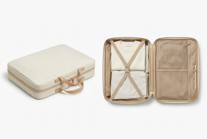 🧺 Foldable Garment Bag | Cream Ivory Travel Organizer with Clothing Straps, Mesh Storage & Champagne-Gold Zip for Refined Weekend Packing 🗺️