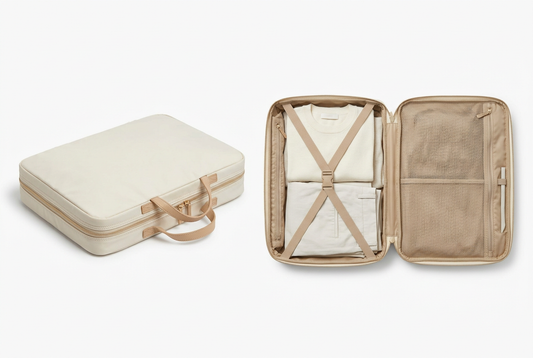 🧺 Foldable Garment Bag | Cream Ivory Travel Organizer with Clothing Straps, Mesh Storage & Champagne-Gold Zip for Refined Weekend Packing 🗺️