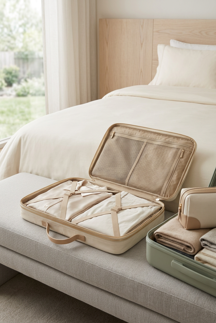 🧺 Foldable Garment Bag | Cream Ivory Travel Organizer with Clothing Straps, Mesh Storage & Champagne-Gold Zip for Refined Weekend Packing 🗺️