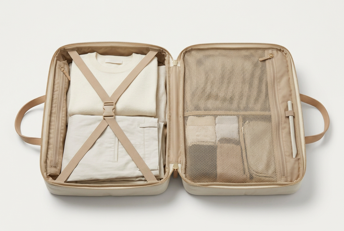 🧺 Foldable Garment Bag | Cream Ivory Travel Organizer with Clothing Straps, Mesh Storage & Champagne-Gold Zip for Refined Weekend Packing 🗺️