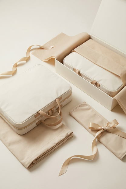🧺 Foldable Garment Bag | Cream Ivory Travel Organizer with Clothing Straps, Mesh Storage & Champagne-Gold Zip for Refined Weekend Packing 🗺️