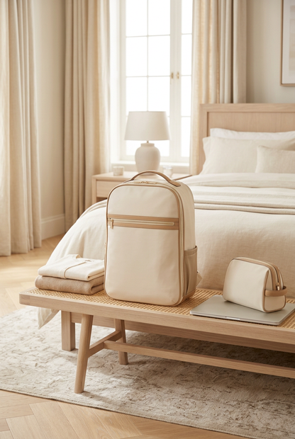 🪶 Premium Travel Backpack | Cream Ivory & Champagne Beige with Organized Packing, Padded Laptop Storage & Refined Weekend Style 🌍