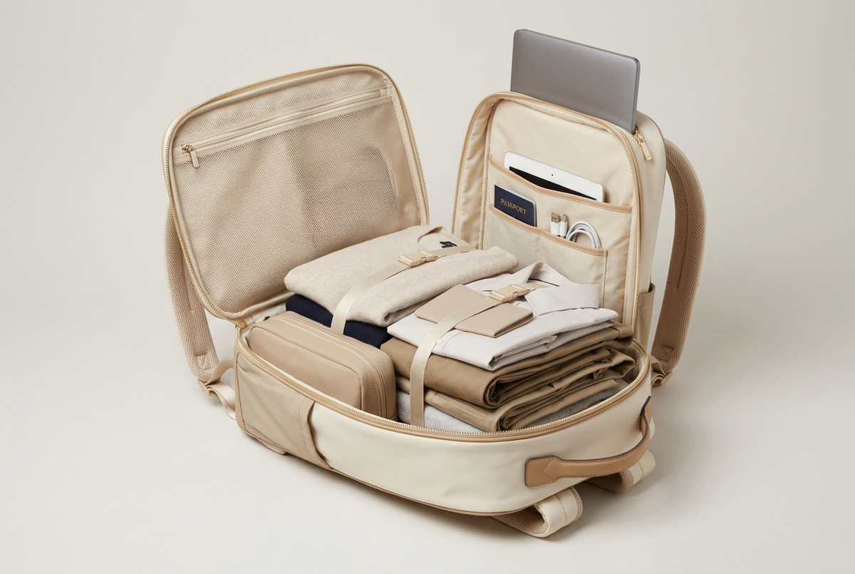 🪶 Premium Travel Backpack | Cream Ivory & Champagne Beige with Organized Packing, Padded Laptop Storage & Refined Weekend Style 🌍