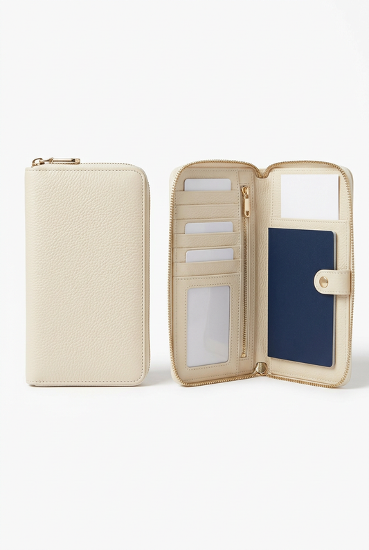 🕊️ Leather Travel Wallet | Cream Ivory Passport & Document Organizer with Champagne-Gold Zip, Card Slots & Refined Travel Style 🛂