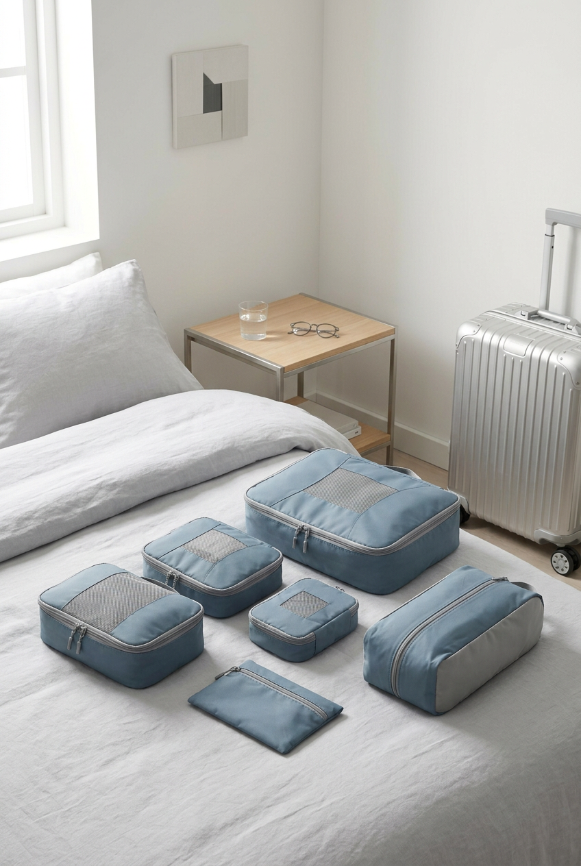 ✈️ Compression Packing Cubes Set | Mist Blue & Pearl Gray Travel Organizers with Mesh Windows, Dual-Zip Compression & Modern Carry-On Style 🗂️