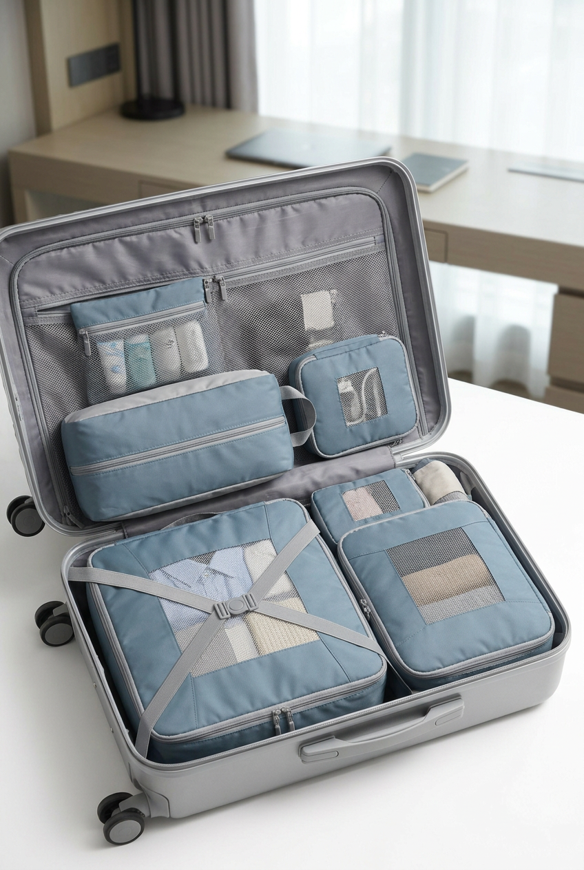 ✈️ Compression Packing Cubes Set | Mist Blue & Pearl Gray Travel Organizers with Mesh Windows, Dual-Zip Compression & Modern Carry-On Style 🗂️