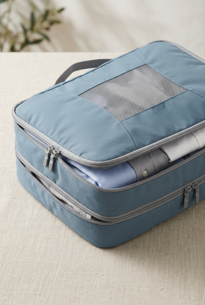✈️ Compression Packing Cubes Set | Mist Blue & Pearl Gray Travel Organizers with Mesh Windows, Dual-Zip Compression & Modern Carry-On Style 🗂️