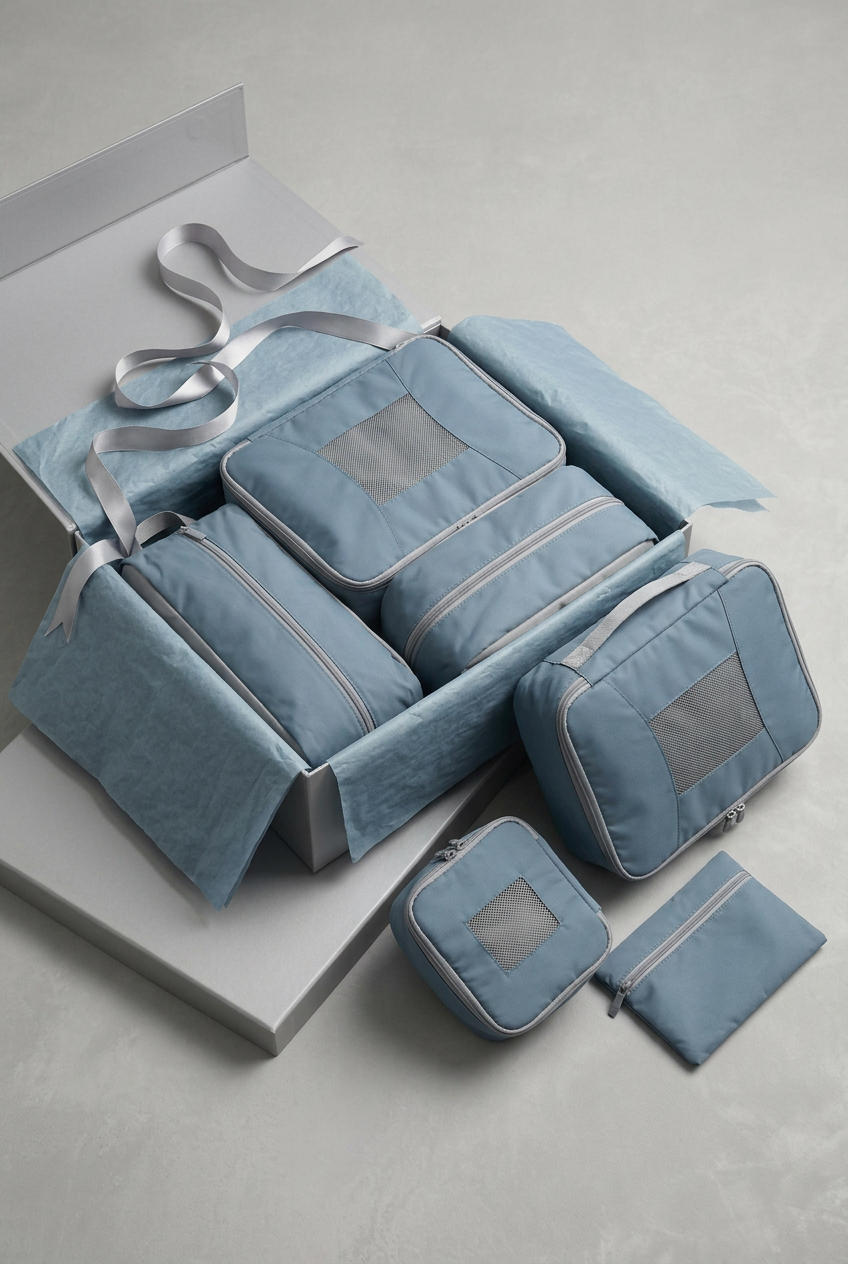 ✈️ Compression Packing Cubes Set | Mist Blue & Pearl Gray Travel Organizers with Mesh Windows, Dual-Zip Compression & Modern Carry-On Style 🗂️