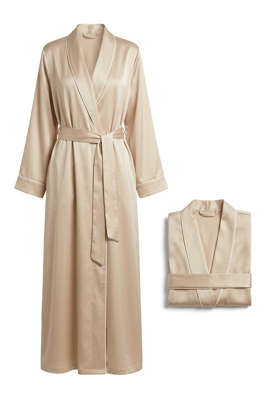 ✨ Premium Lounge Robe | Champagne Satin Longline Wrap with Pearl-White Piping, Relaxed Sleeves & Everyday Elegance 🌙