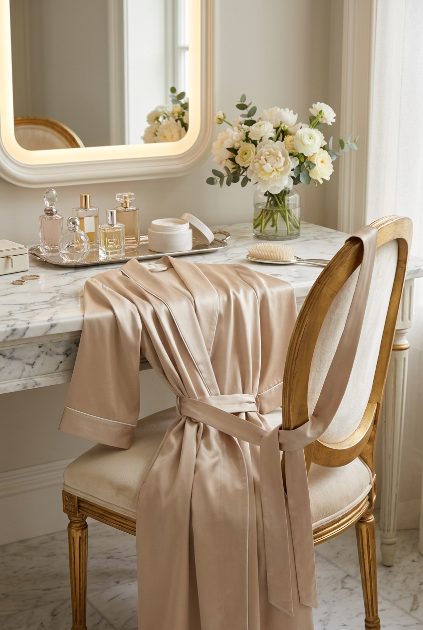✨ Premium Lounge Robe | Champagne Satin Longline Wrap with Pearl-White Piping, Relaxed Sleeves & Everyday Elegance 🌙