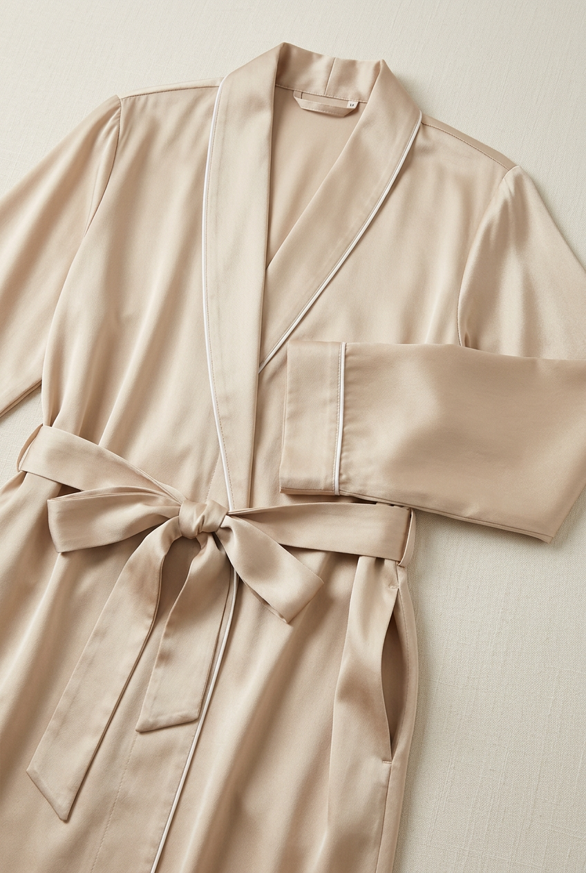 ✨ Premium Lounge Robe | Champagne Satin Longline Wrap with Pearl-White Piping, Relaxed Sleeves & Everyday Elegance 🌙