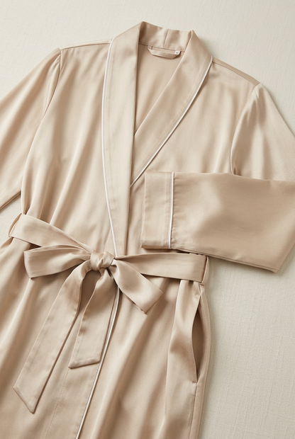 ✨ Premium Lounge Robe | Champagne Satin Longline Wrap with Pearl-White Piping, Relaxed Sleeves & Everyday Elegance 🌙