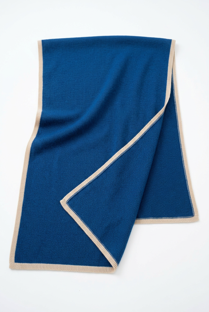 💎 Premium Knitted Shawl | Sapphire Blue Wool-Blend Wrap with Champagne Ribbed Trim & Graceful Evening Drape 🥂