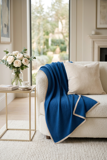 💎 Premium Knitted Shawl | Sapphire Blue Wool-Blend Wrap with Champagne Ribbed Trim & Graceful Evening Drape 🥂