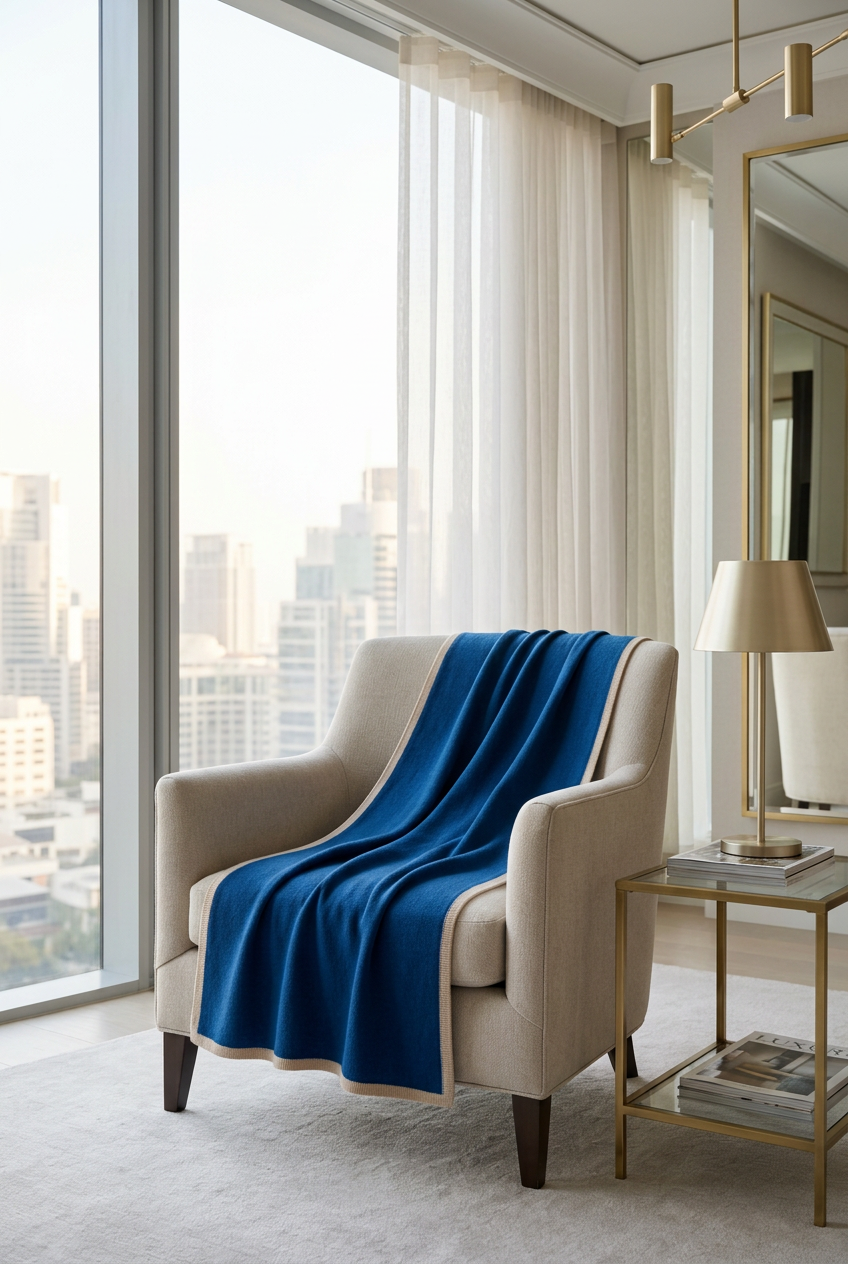 💎 Premium Knitted Shawl | Sapphire Blue Wool-Blend Wrap with Champagne Ribbed Trim & Graceful Evening Drape 🥂
