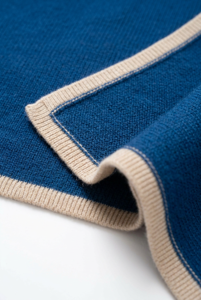 💎 Premium Knitted Shawl | Sapphire Blue Wool-Blend Wrap with Champagne Ribbed Trim & Graceful Evening Drape 🥂