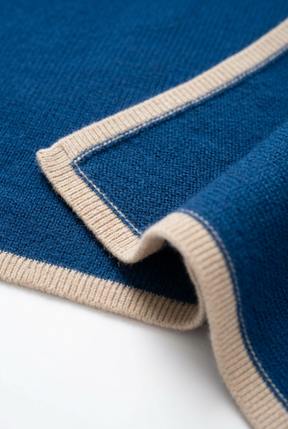 💎 Premium Knitted Shawl | Sapphire Blue Wool-Blend Wrap with Champagne Ribbed Trim & Graceful Evening Drape 🥂