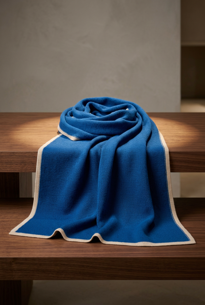 💎 Premium Knitted Shawl | Sapphire Blue Wool-Blend Wrap with Champagne Ribbed Trim & Graceful Evening Drape 🥂