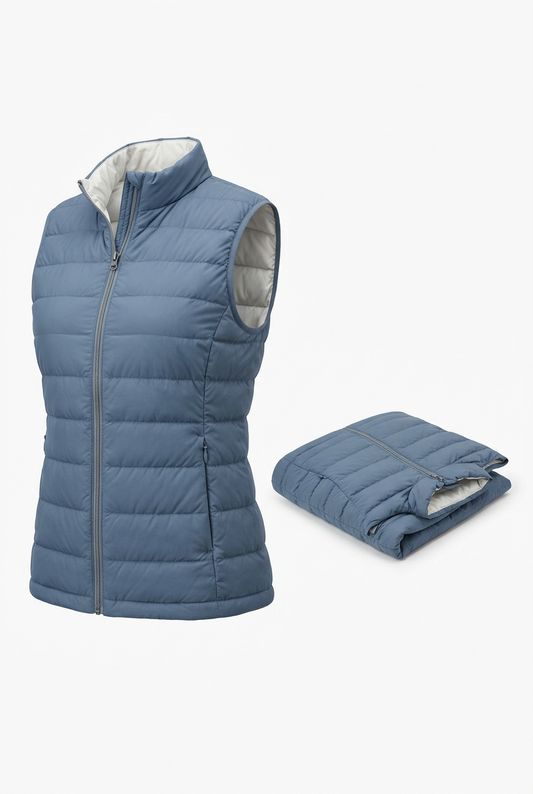 🧭 Thermal Travel Vest | Mist Blue Lightweight Quilted Layer with Stand Collar, Concealed Zip Pockets & City-to-Coast Style ☁️
