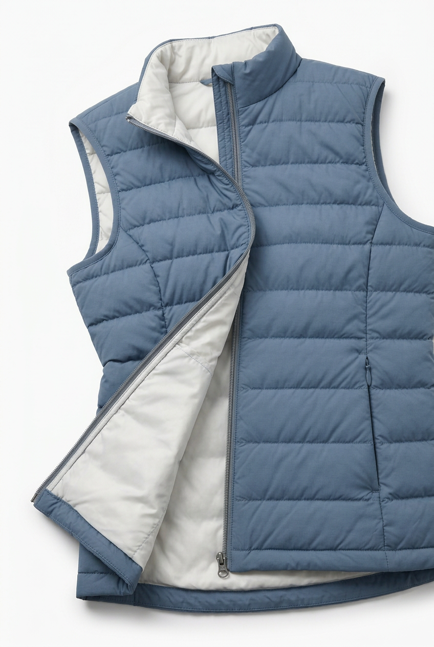 🧭 Thermal Travel Vest | Mist Blue Lightweight Quilted Layer with Stand Collar, Concealed Zip Pockets & City-to-Coast Style ☁️